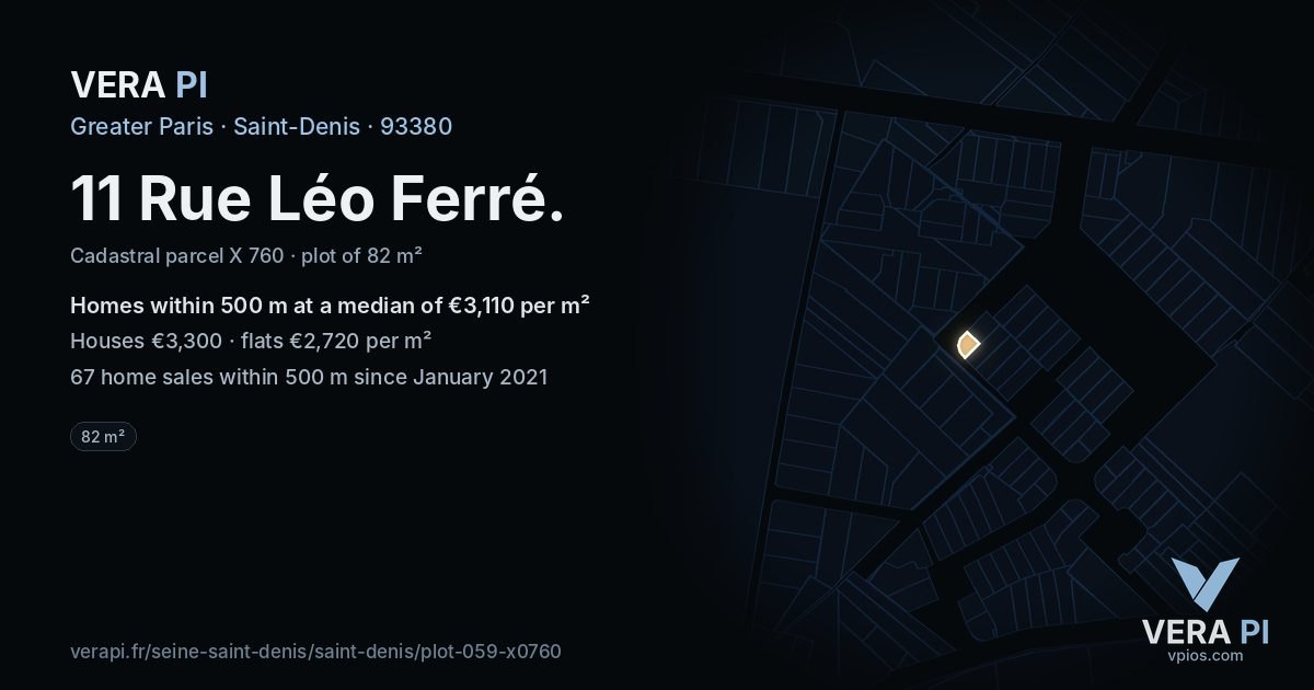 11 Rue Léo Ferré, Saint-Denis at night – the plot lit, the parcels around coloured by the prices near them