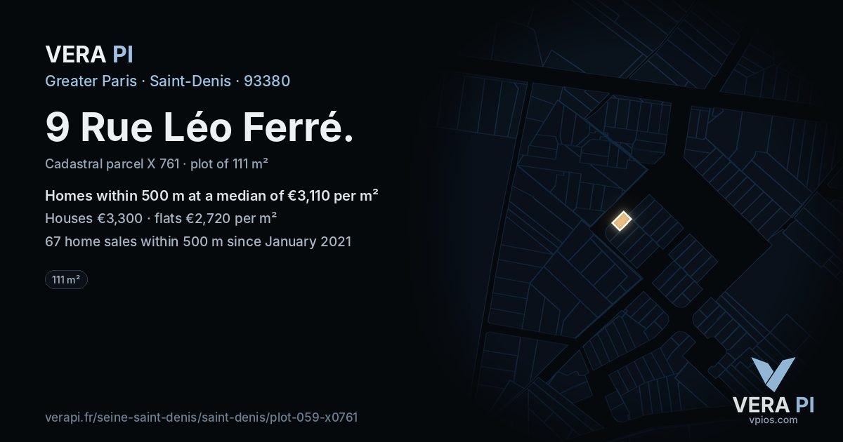 9 Rue Léo Ferré, Saint-Denis at night – the plot lit, the parcels around coloured by the prices near them