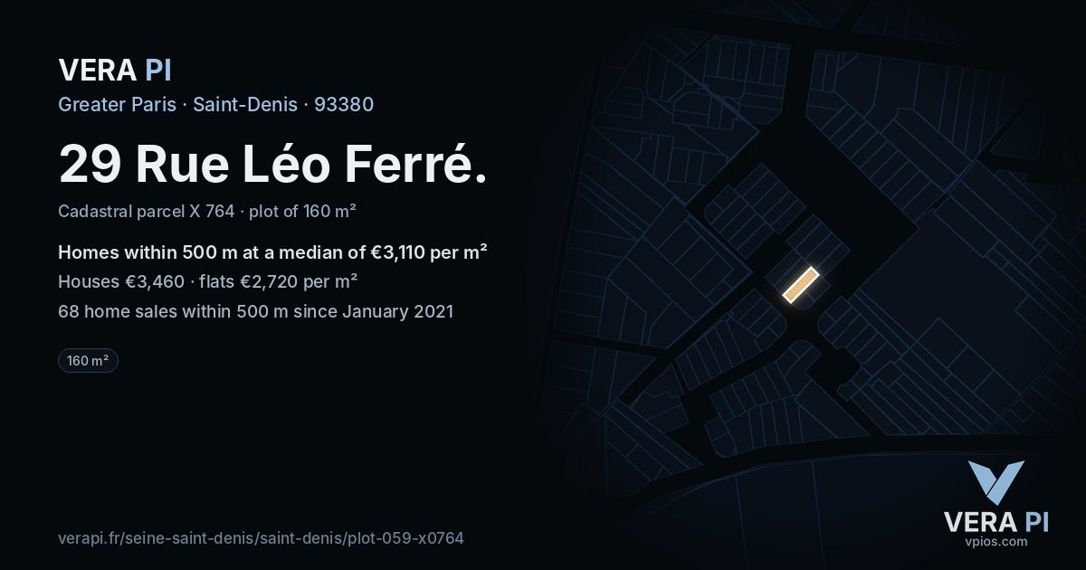 29 Rue Léo Ferré, Saint-Denis at night – the plot lit, the parcels around coloured by the prices near them
