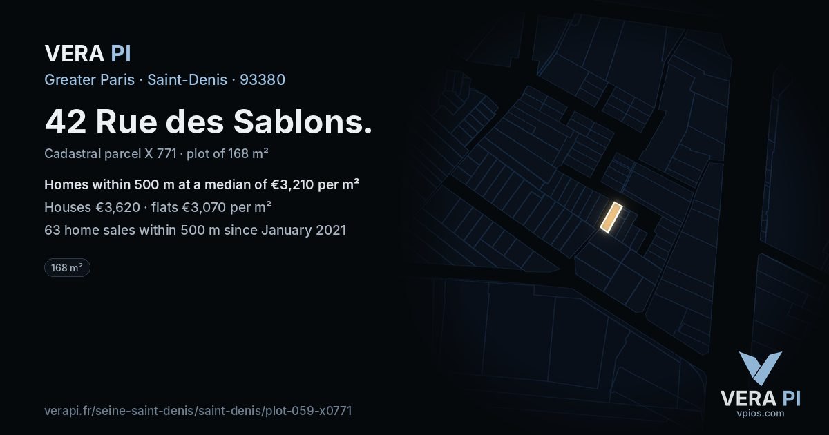 42 Rue des Sablons, Saint-Denis at night – the plot lit, the parcels around coloured by the prices near them