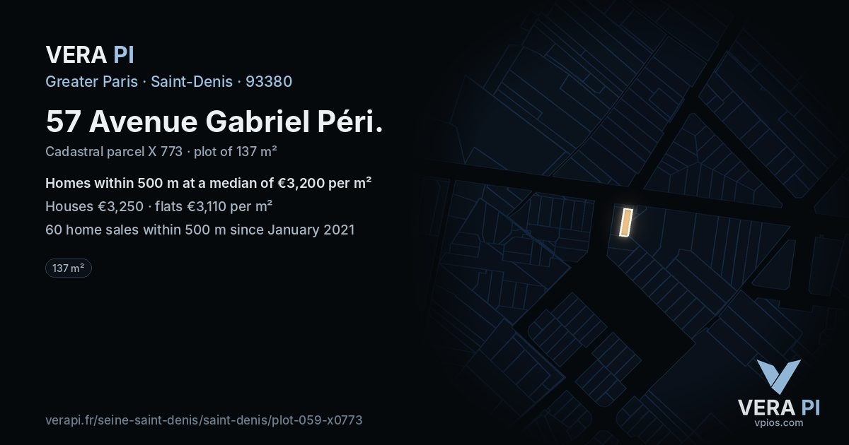 57 Avenue Gabriel Péri, Saint-Denis at night – the plot lit, the parcels around coloured by the prices near them