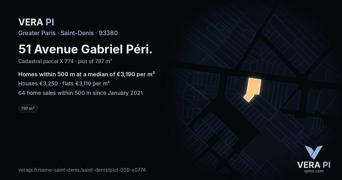 51 Avenue Gabriel Péri, Saint-Denis at night – the plot lit, the parcels around coloured by the prices near them