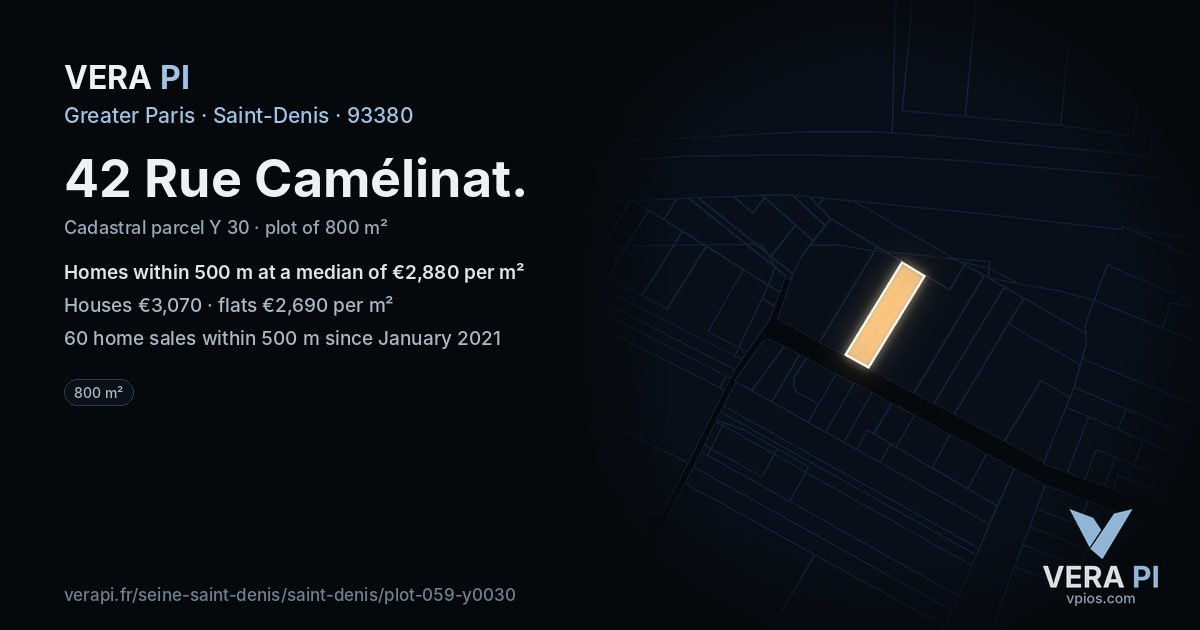 42 Rue Camélinat, Saint-Denis at night – the plot lit, the parcels around coloured by the prices near them