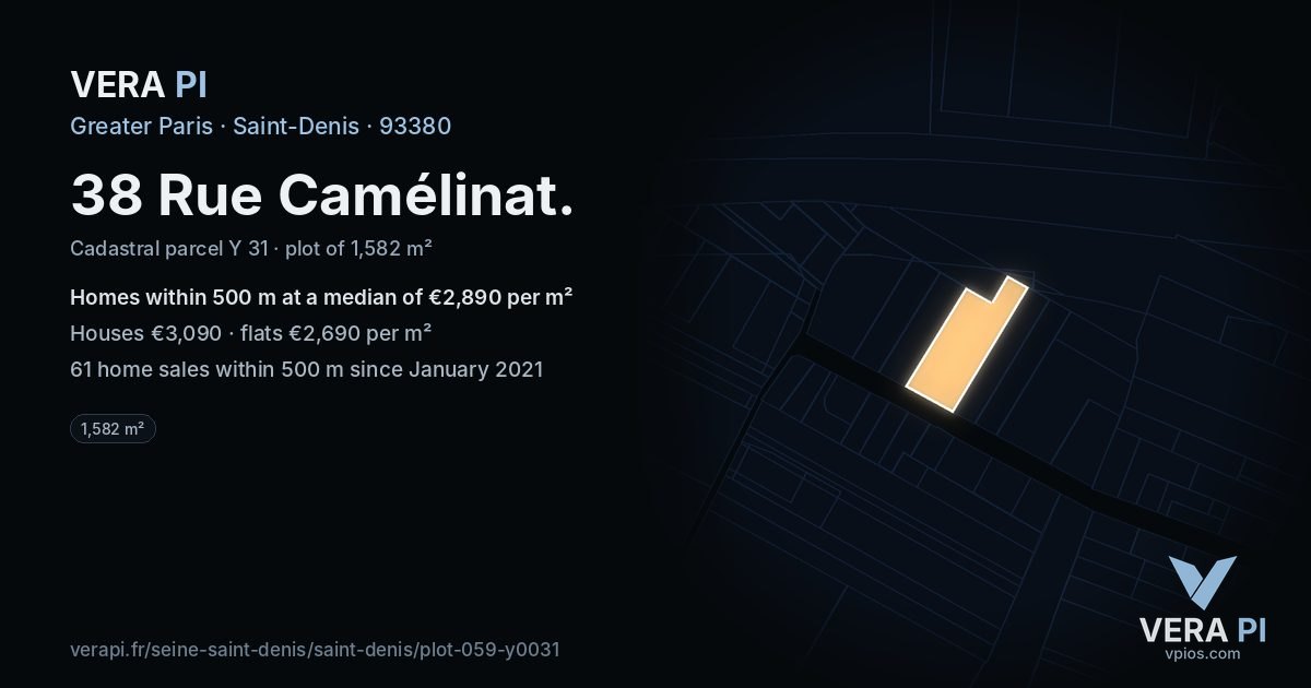 38 Rue Camélinat, Saint-Denis at night – the plot lit, the parcels around coloured by the prices near them