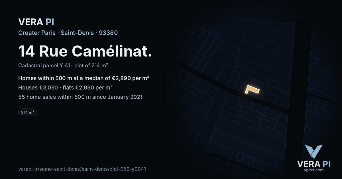 14 Rue Camélinat, Saint-Denis at night – the plot lit, the parcels around coloured by the prices near them