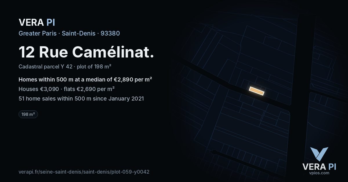 12 Rue Camélinat, Saint-Denis at night – the plot lit, the parcels around coloured by the prices near them