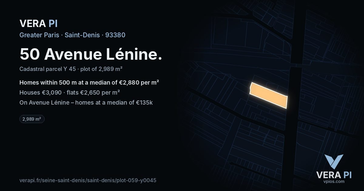 50 Avenue Lénine, Saint-Denis at night – the plot lit, the parcels around coloured by the prices near them