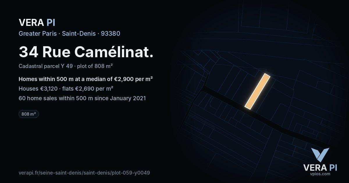 34 Rue Camélinat, Saint-Denis at night – the plot lit, the parcels around coloured by the prices near them