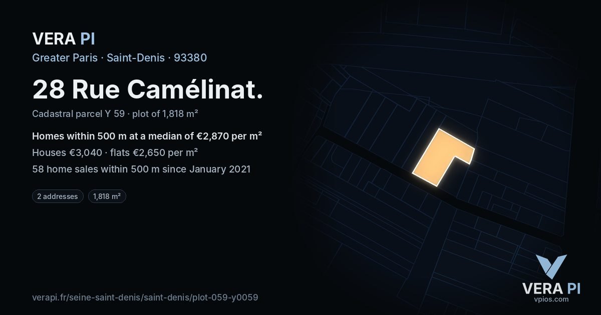 28 Rue Camélinat, Saint-Denis at night – the plot lit, the parcels around coloured by the prices near them