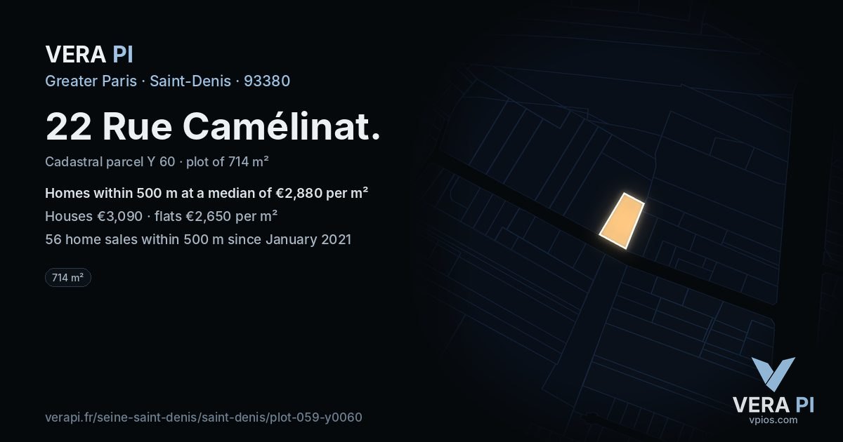 22 Rue Camélinat, Saint-Denis at night – the plot lit, the parcels around coloured by the prices near them
