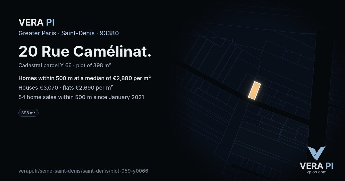 20 Rue Camélinat, Saint-Denis at night – the plot lit, the parcels around coloured by the prices near them