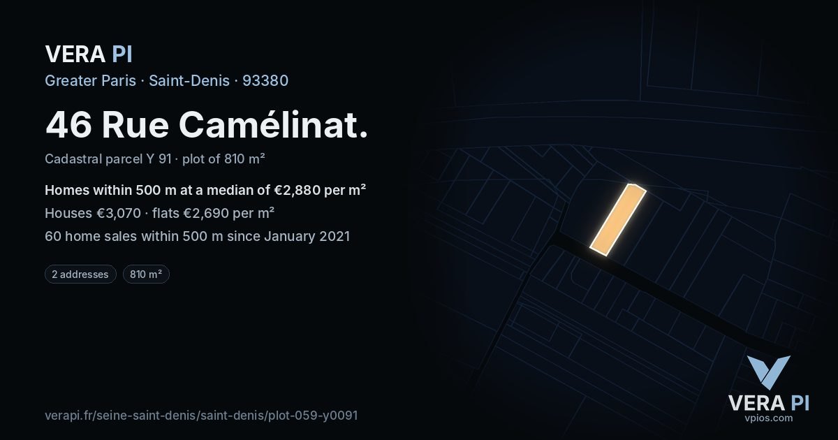 46 Rue Camélinat, Saint-Denis at night – the plot lit, the parcels around coloured by the prices near them