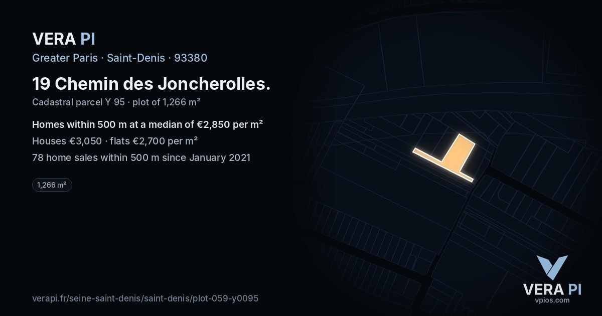 19 Chemin des Joncherolles, Saint-Denis at night – the plot lit, the parcels around coloured by the prices near them
