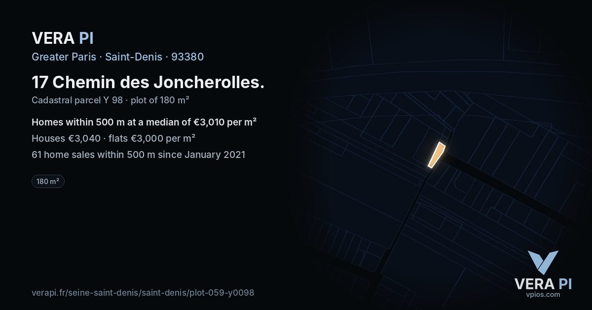 17 Chemin des Joncherolles, Saint-Denis at night – the plot lit, the parcels around coloured by the prices near them