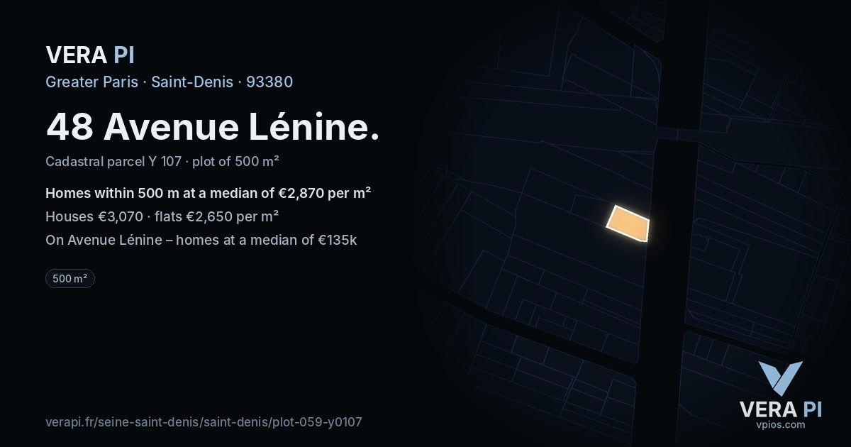 48 Avenue Lénine, Saint-Denis at night – the plot lit, the parcels around coloured by the prices near them