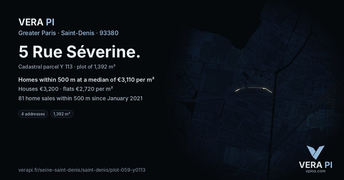 5 Rue Séverine, Saint-Denis at night – the plot lit, the parcels around coloured by the prices near them