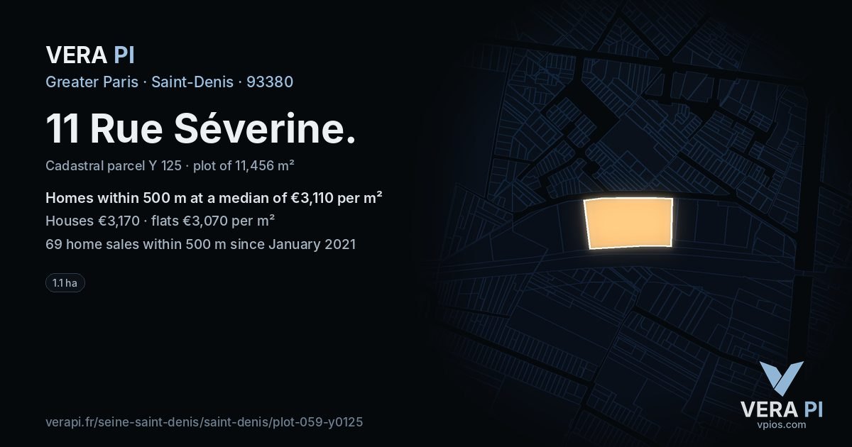 11 Rue Séverine, Saint-Denis at night – the plot lit, the parcels around coloured by the prices near them