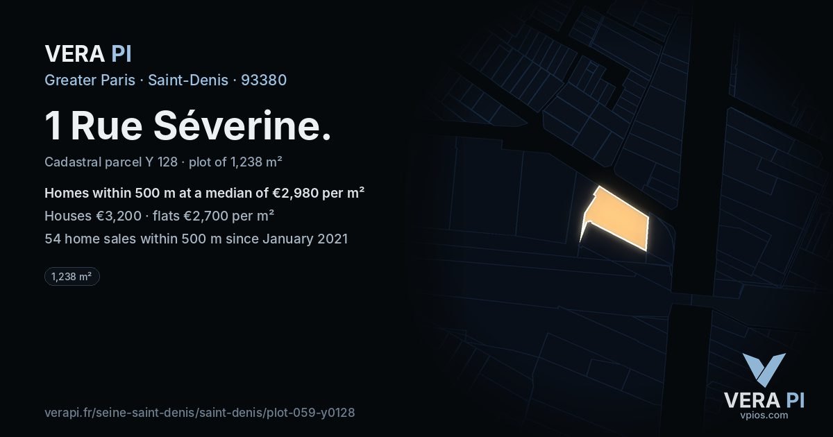 1 Rue Séverine, Saint-Denis at night – the plot lit, the parcels around coloured by the prices near them