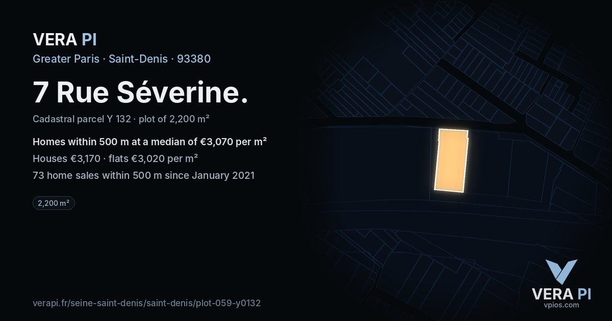 7 Rue Séverine, Saint-Denis at night – the plot lit, the parcels around coloured by the prices near them