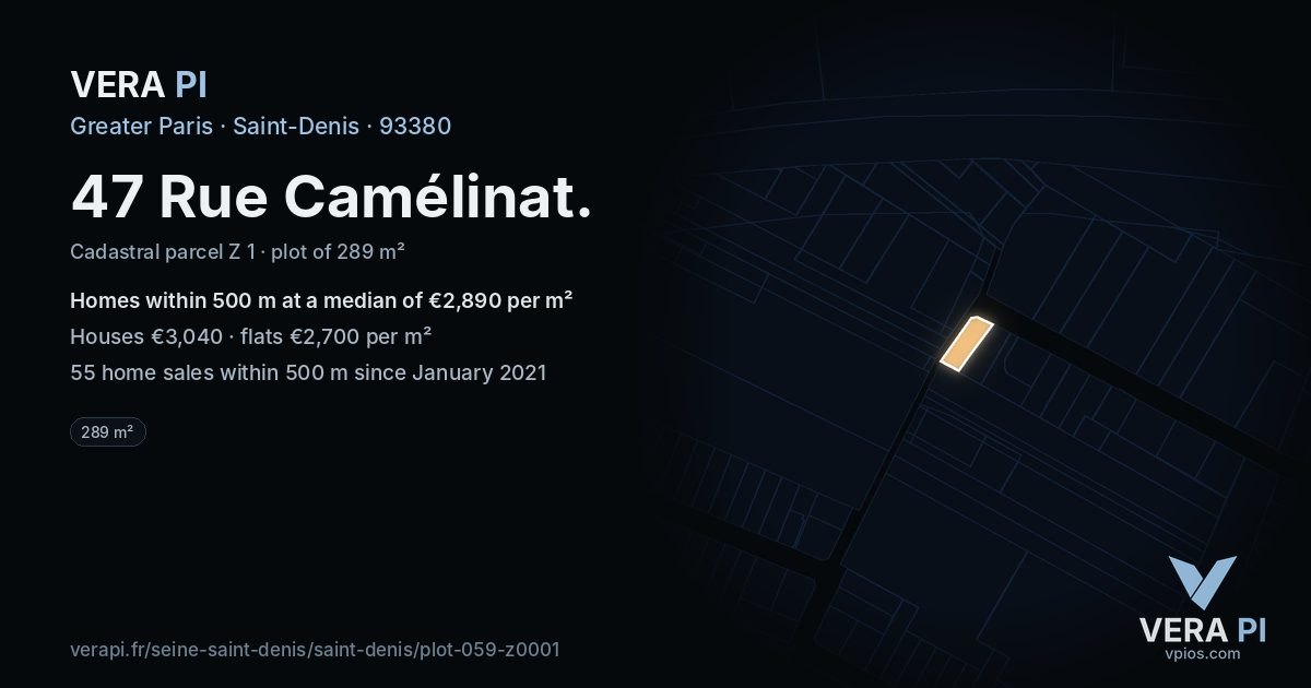 47 Rue Camélinat, Saint-Denis at night – the plot lit, the parcels around coloured by the prices near them