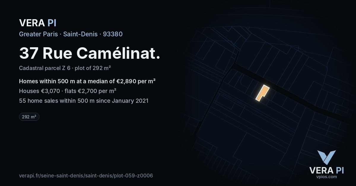 37 Rue Camélinat, Saint-Denis at night – the plot lit, the parcels around coloured by the prices near them