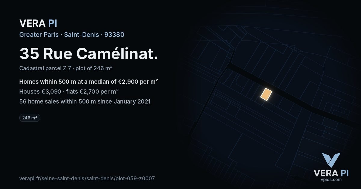 35 Rue Camélinat, Saint-Denis at night – the plot lit, the parcels around coloured by the prices near them