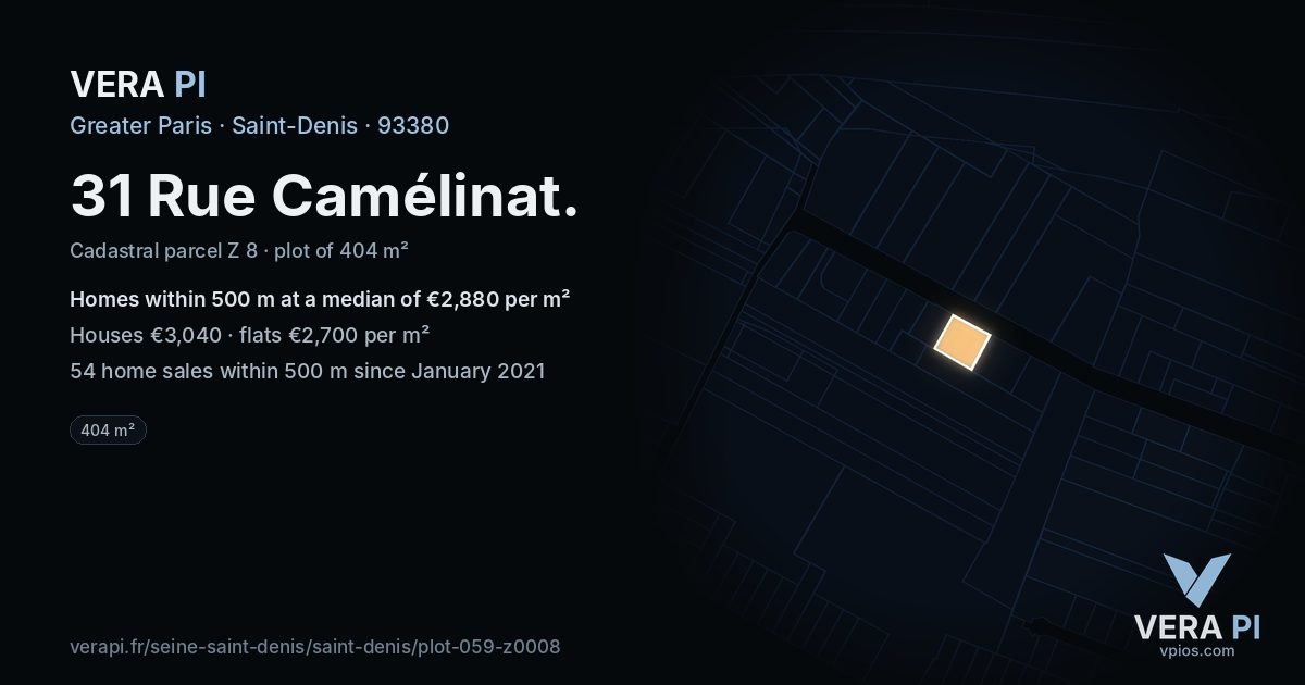 31 Rue Camélinat, Saint-Denis at night – the plot lit, the parcels around coloured by the prices near them