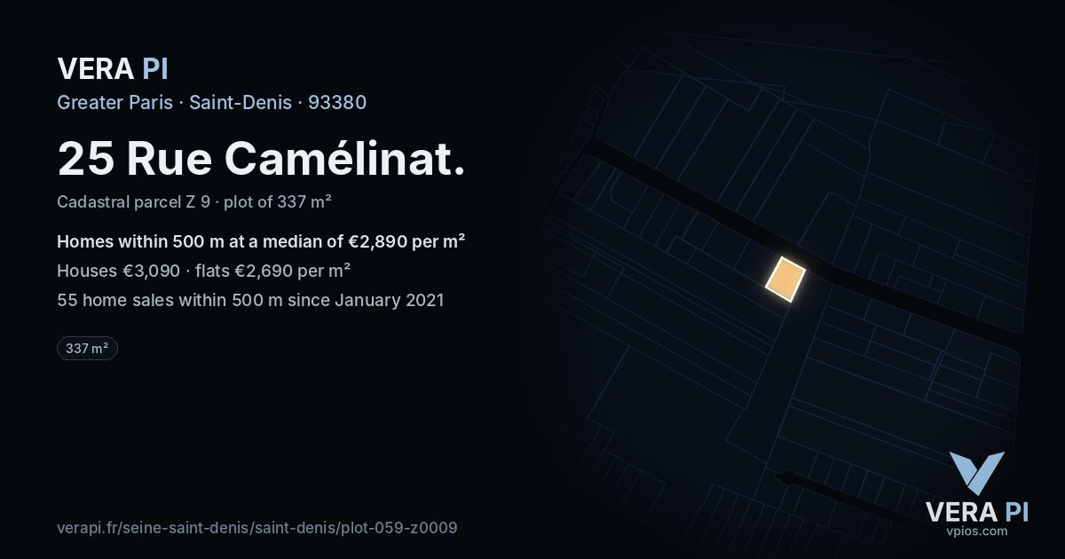 25 Rue Camélinat, Saint-Denis at night – the plot lit, the parcels around coloured by the prices near them