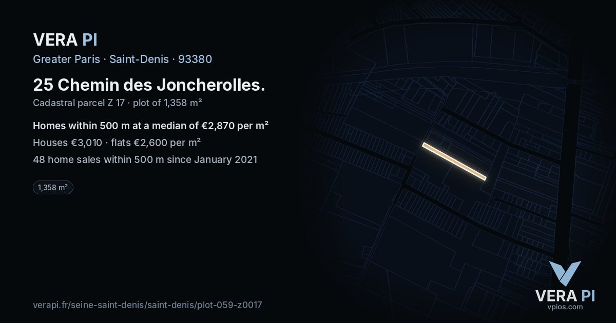 25 Chemin des Joncherolles, Saint-Denis at night – the plot lit, the parcels around coloured by the prices near them