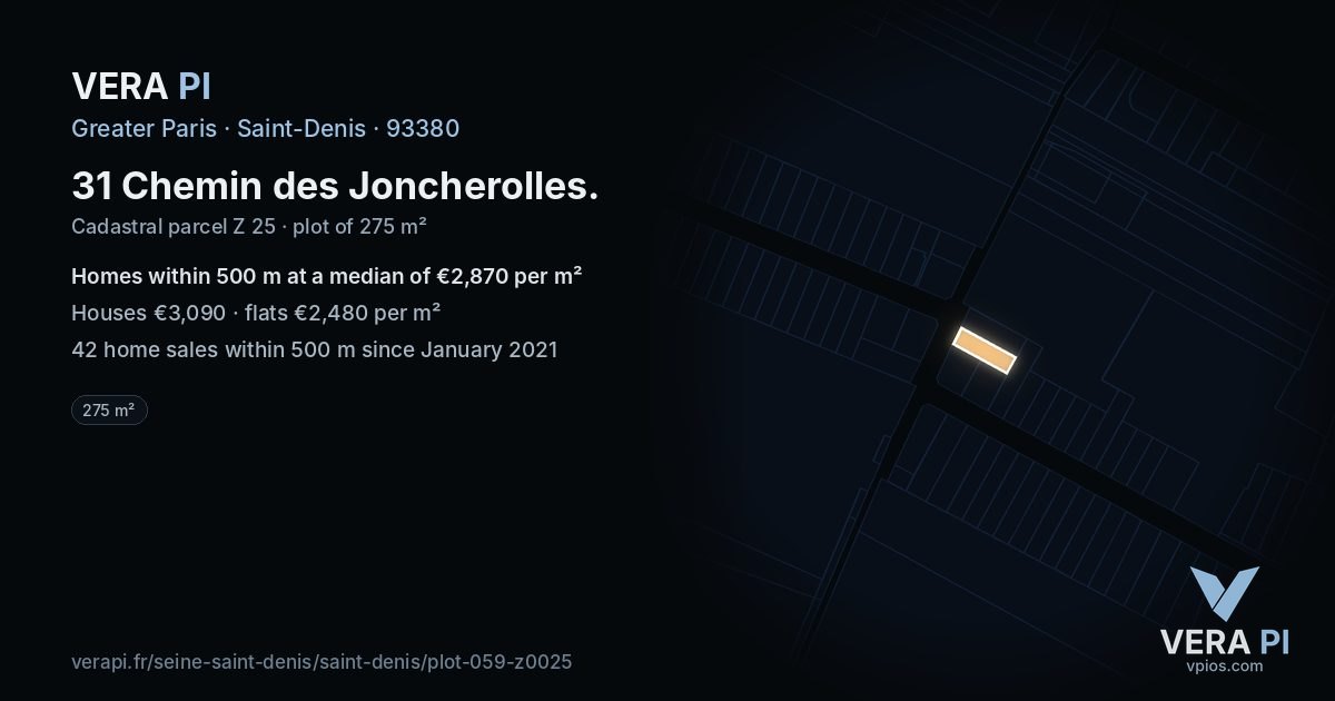 31 Chemin des Joncherolles, Saint-Denis at night – the plot lit, the parcels around coloured by the prices near them