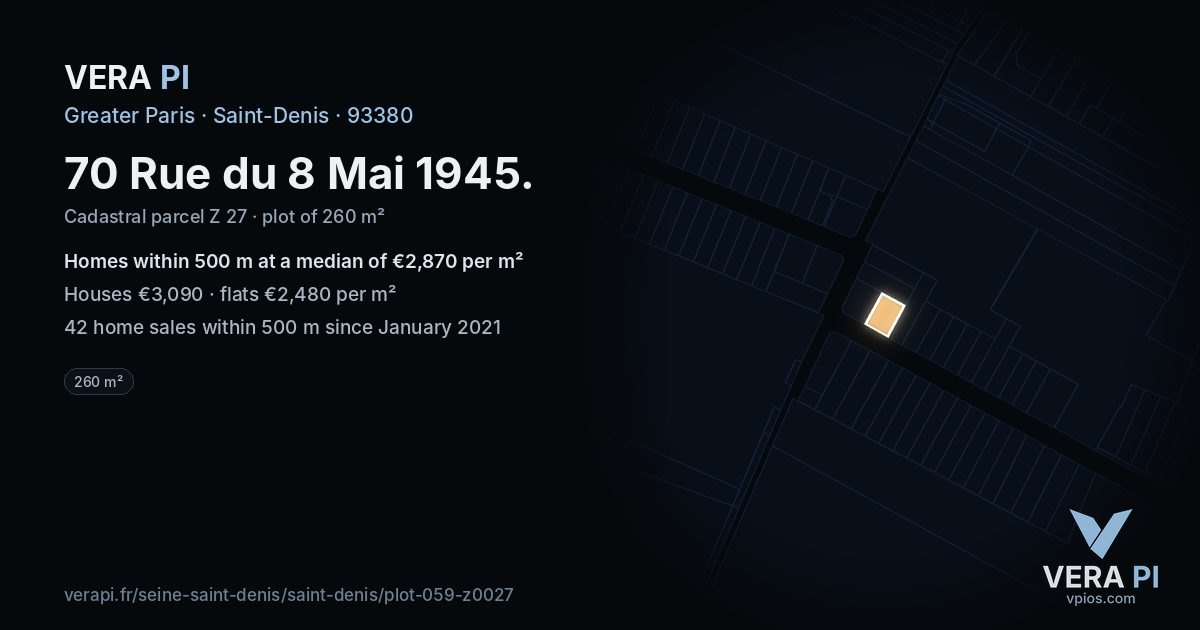 70 Rue du 8 Mai 1945, Saint-Denis at night – the plot lit, the parcels around coloured by the prices near them