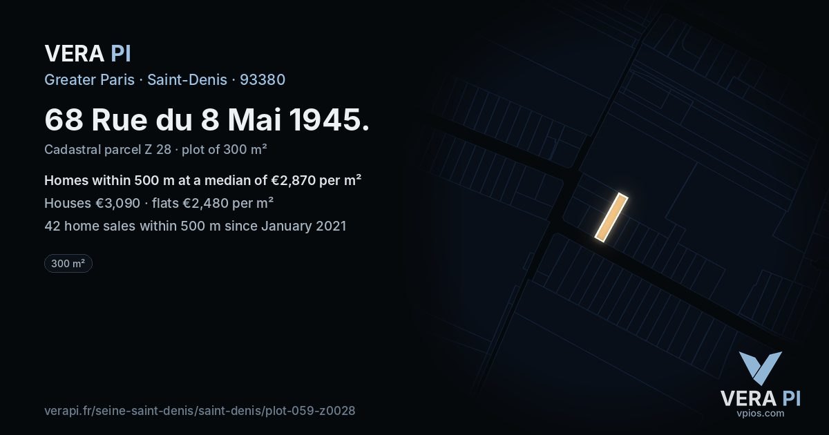 68 Rue du 8 Mai 1945, Saint-Denis at night – the plot lit, the parcels around coloured by the prices near them
