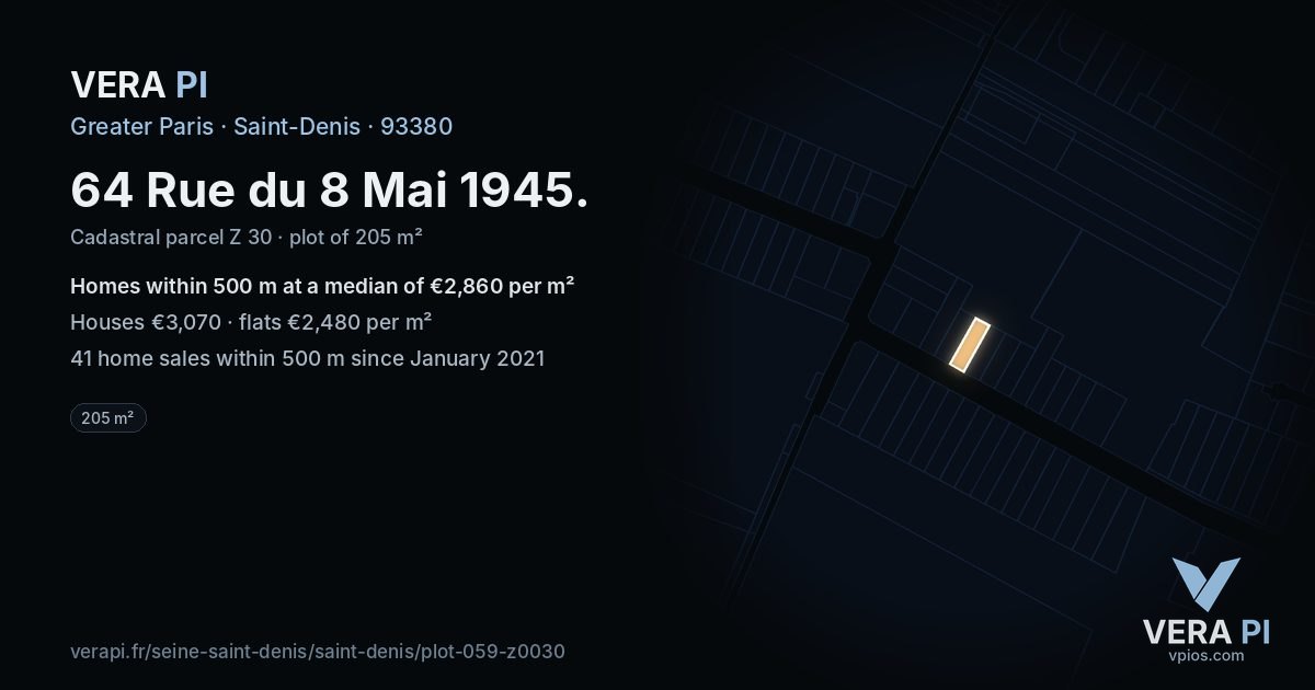 64 Rue du 8 Mai 1945, Saint-Denis at night – the plot lit, the parcels around coloured by the prices near them