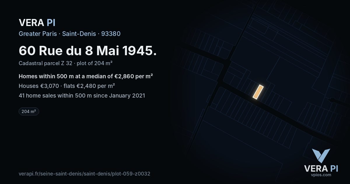 60 Rue du 8 Mai 1945, Saint-Denis at night – the plot lit, the parcels around coloured by the prices near them