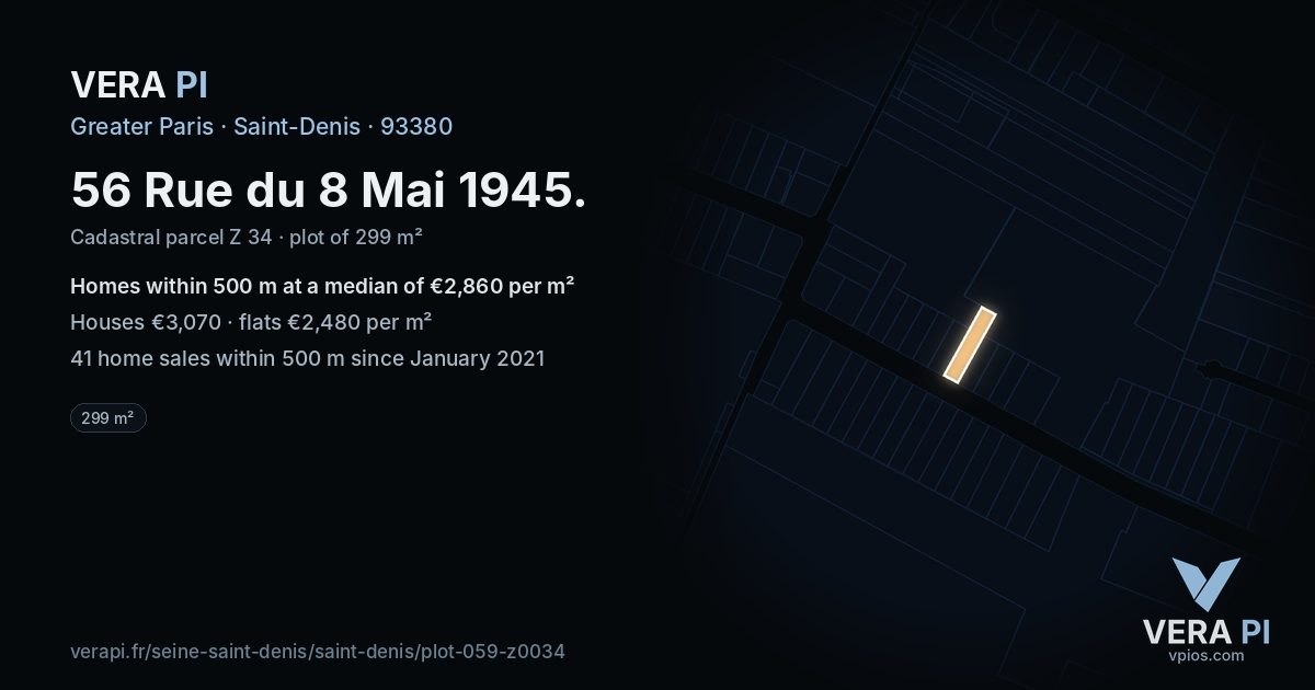 56 Rue du 8 Mai 1945, Saint-Denis at night – the plot lit, the parcels around coloured by the prices near them