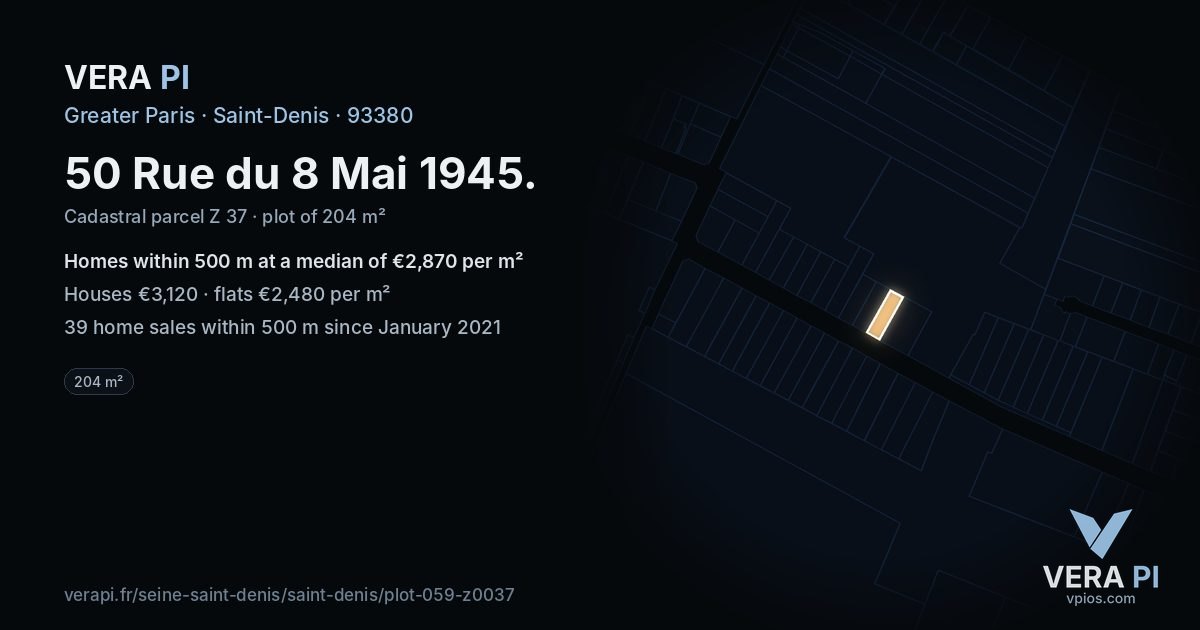 50 Rue du 8 Mai 1945, Saint-Denis at night – the plot lit, the parcels around coloured by the prices near them