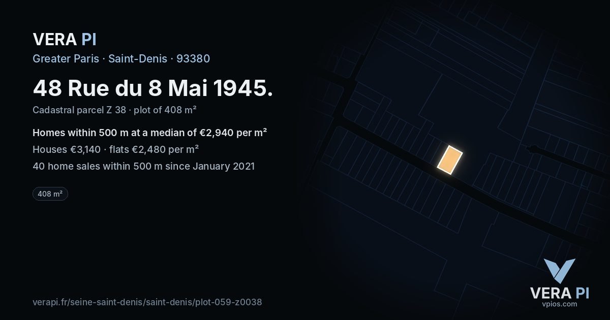 48 Rue du 8 Mai 1945, Saint-Denis at night – the plot lit, the parcels around coloured by the prices near them
