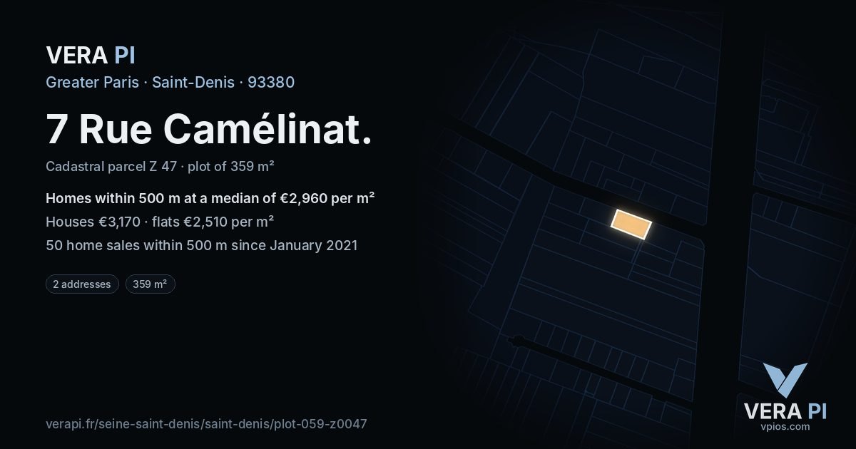 7 Rue Camélinat, Saint-Denis at night – the plot lit, the parcels around coloured by the prices near them