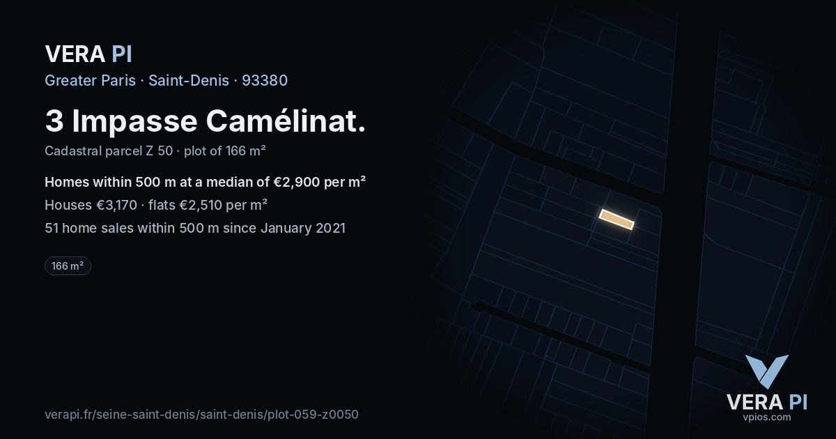 3 Impasse Camélinat, Saint-Denis at night – the plot lit, the parcels around coloured by the prices near them