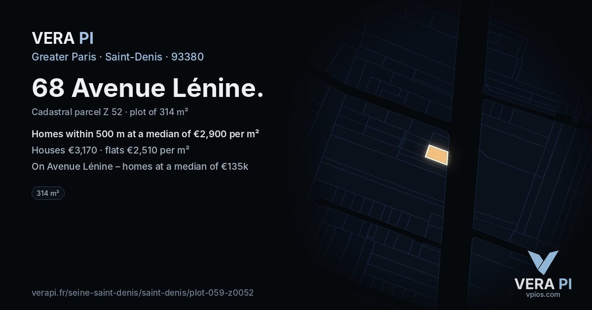 68 Avenue Lénine, Saint-Denis at night – the plot lit, the parcels around coloured by the prices near them