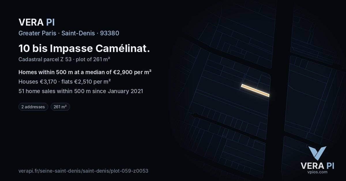 10 bis Impasse Camélinat, Saint-Denis at night – the plot lit, the parcels around coloured by the prices near them