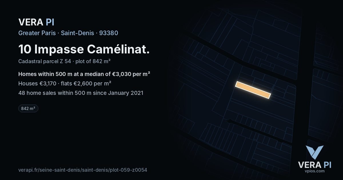 10 Impasse Camélinat, Saint-Denis at night – the plot lit, the parcels around coloured by the prices near them