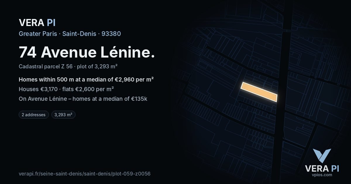 74 Avenue Lénine, Saint-Denis at night – the plot lit, the parcels around coloured by the prices near them