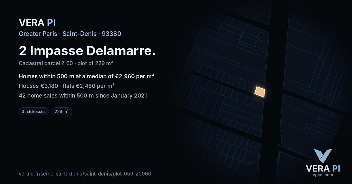 2 Impasse Delamarre, Saint-Denis at night – the plot lit, the parcels around coloured by the prices near them