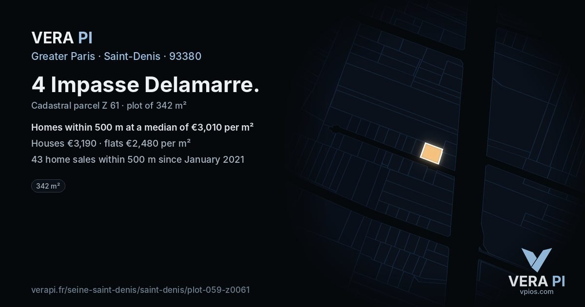 4 Impasse Delamarre, Saint-Denis at night – the plot lit, the parcels around coloured by the prices near them