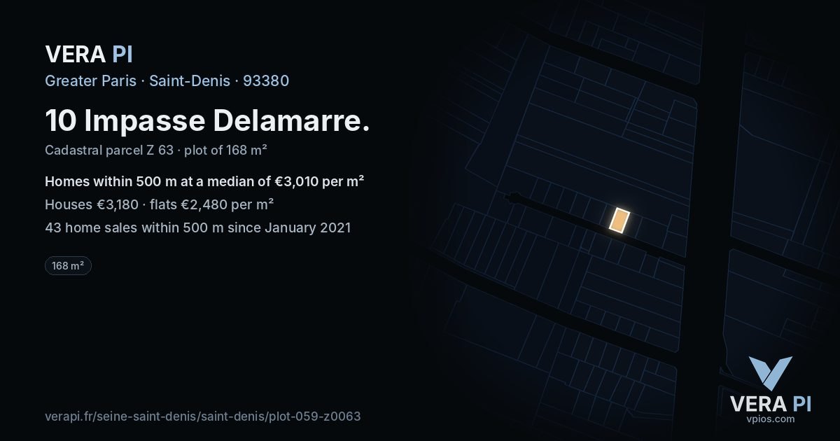 10 Impasse Delamarre, Saint-Denis at night – the plot lit, the parcels around coloured by the prices near them