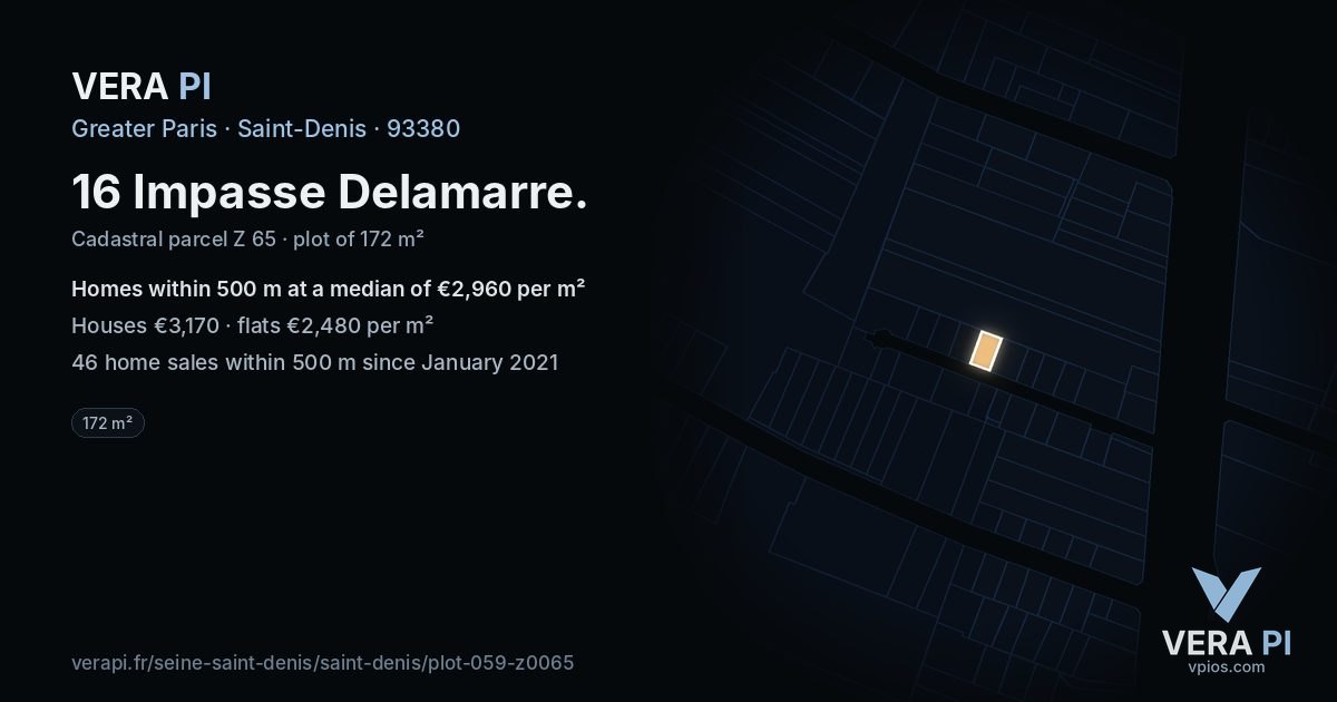 16 Impasse Delamarre, Saint-Denis at night – the plot lit, the parcels around coloured by the prices near them