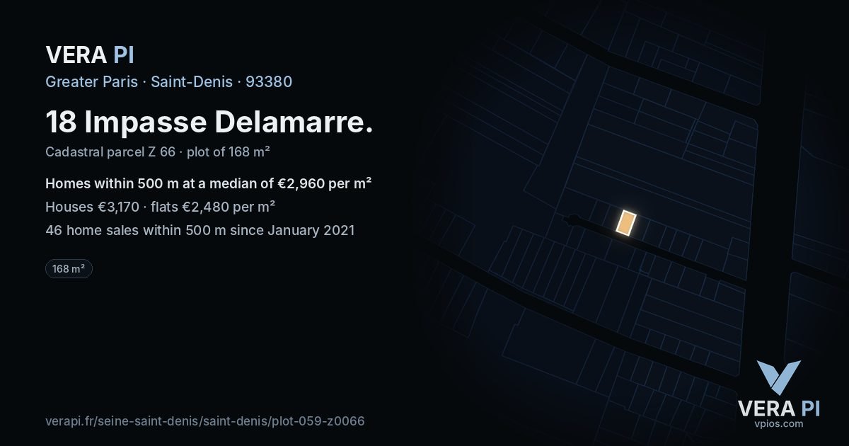 18 Impasse Delamarre, Saint-Denis at night – the plot lit, the parcels around coloured by the prices near them