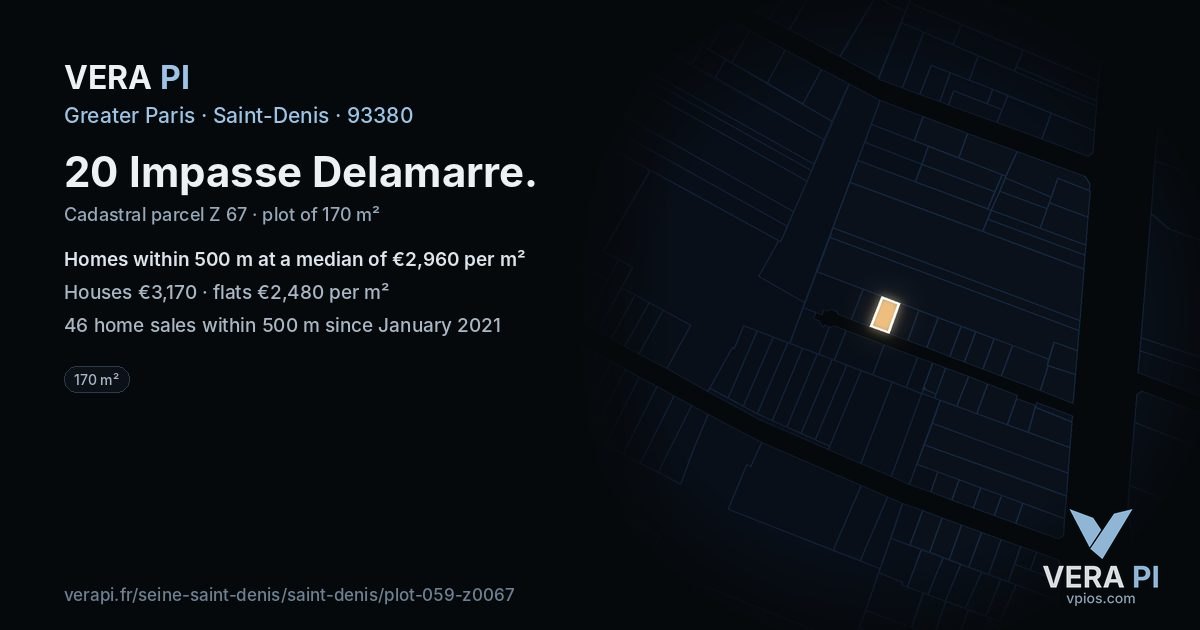 20 Impasse Delamarre, Saint-Denis at night – the plot lit, the parcels around coloured by the prices near them