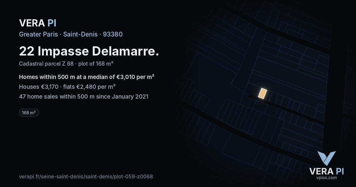 22 Impasse Delamarre, Saint-Denis at night – the plot lit, the parcels around coloured by the prices near them